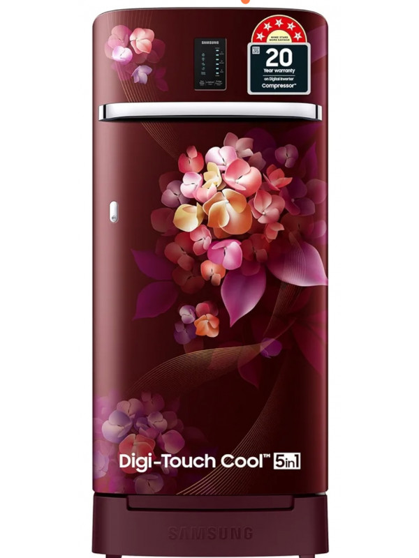 Refrigerator: Samsung 189 L, 5 Star, Digi-Touch Cool Digital Inverter, with Display Direct-Cool Single Door Refrigerator (RR21C2F25NJ/HL,Orange Blossom Red, Base Stand Drawer, 2023 Model)